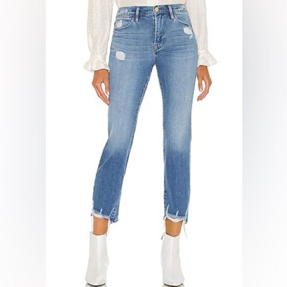 Frame Denim Blue Light Wash Le High Straight Laskey Rips Frayed Cropped Jeans 25